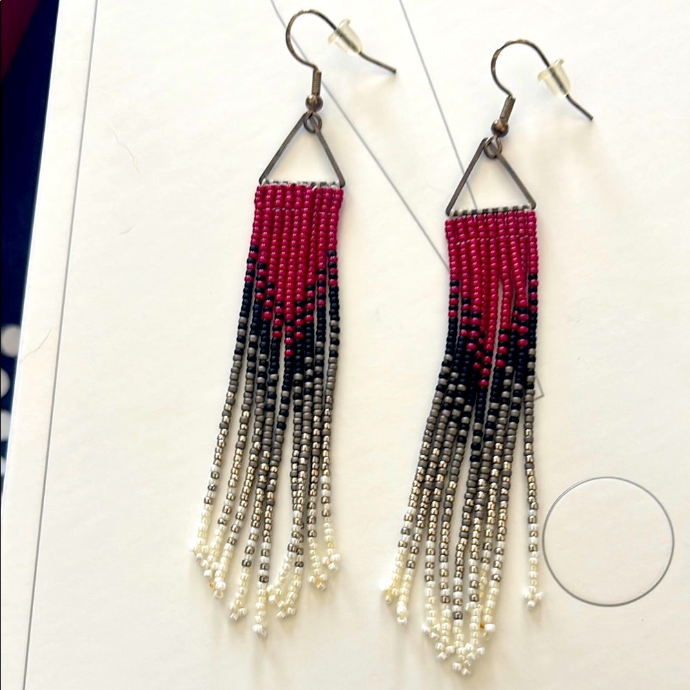 Handmade  Beaded Dangle Earrings - Red and Black